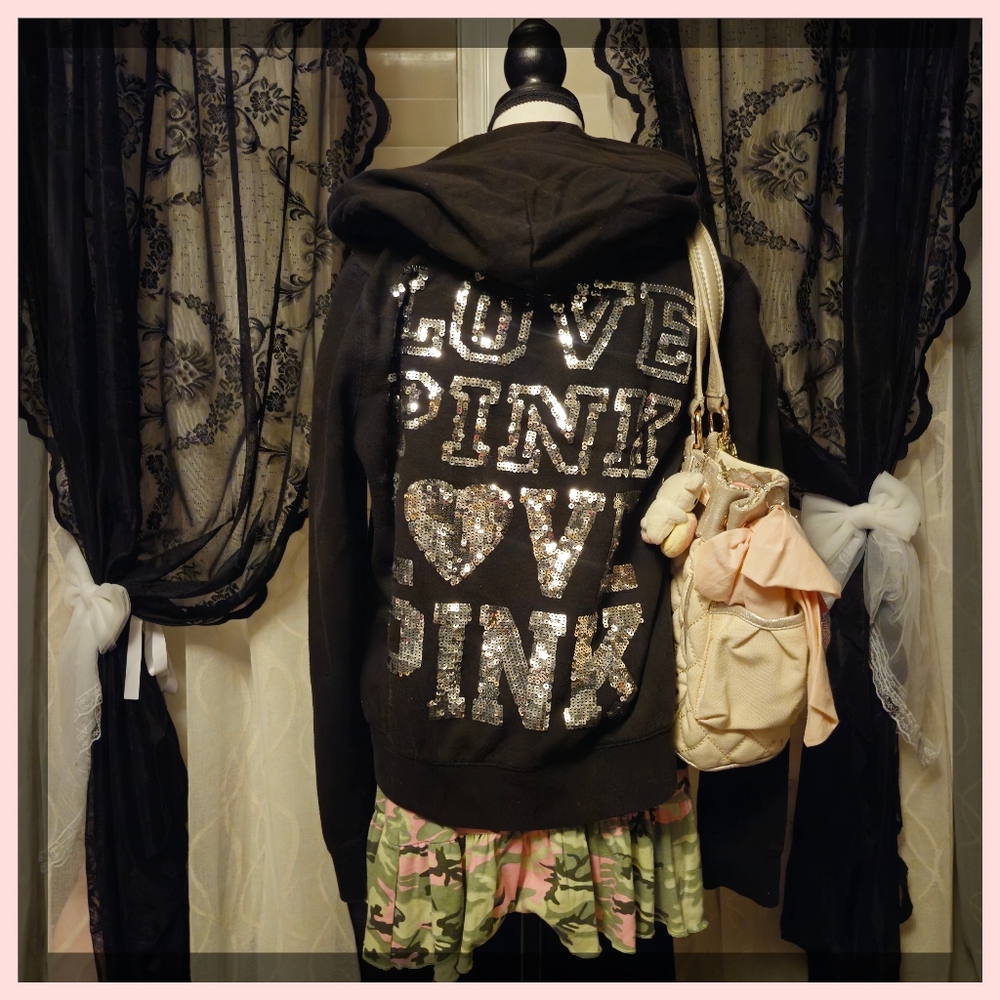PINK VICTORIAS SECRET Black Hoodie with Sequin Lettering - Picture 1 of 2